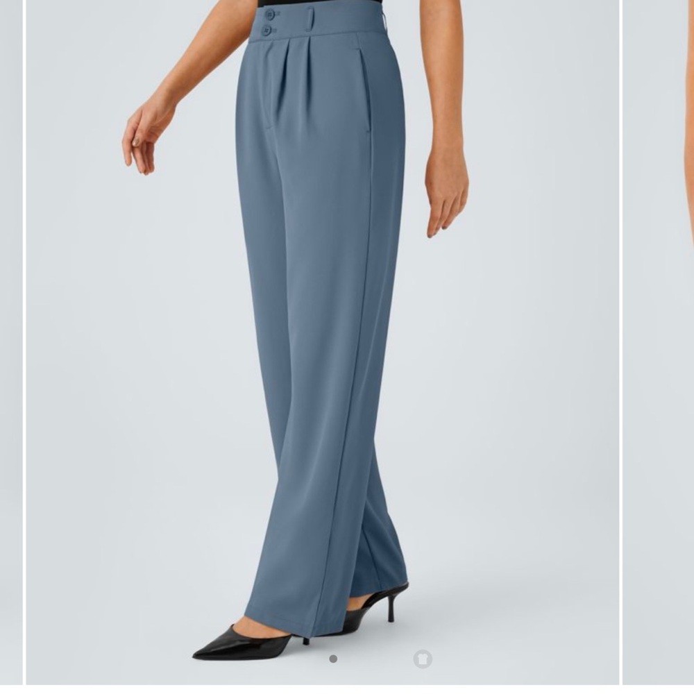 High Waisted Button Zipper Side Pocket Shirred Straight Leg Work Pants